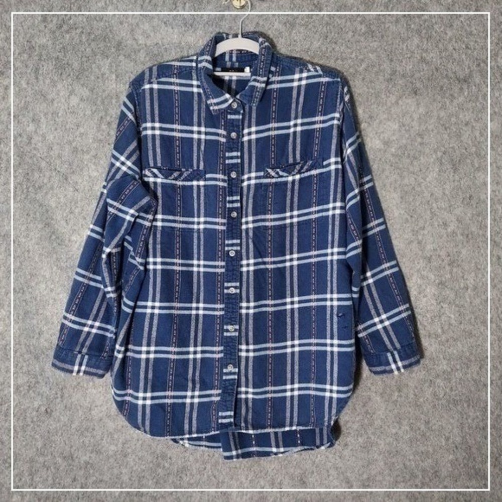 BDG Urban Outfitters Shirt Women M Blue Plaid Boyfriend Button Embroidery Grunge